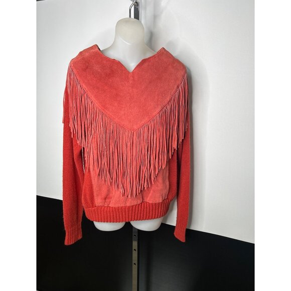 Pioneer Wear Sweater LARGE Cowgirl Cowboy Carter Fringe Suede Orange VTG 70s 80s - Picture 2 of 12